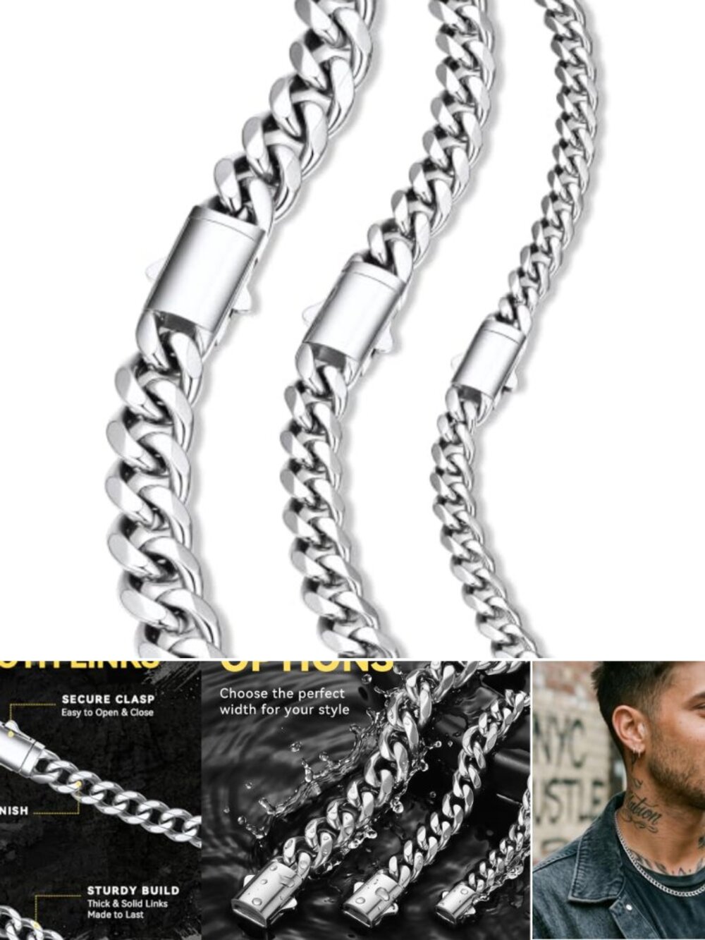 Mens Cuban Link Chain Stainless Steel Necklace Push Lock Clasp Hip Hop Gift